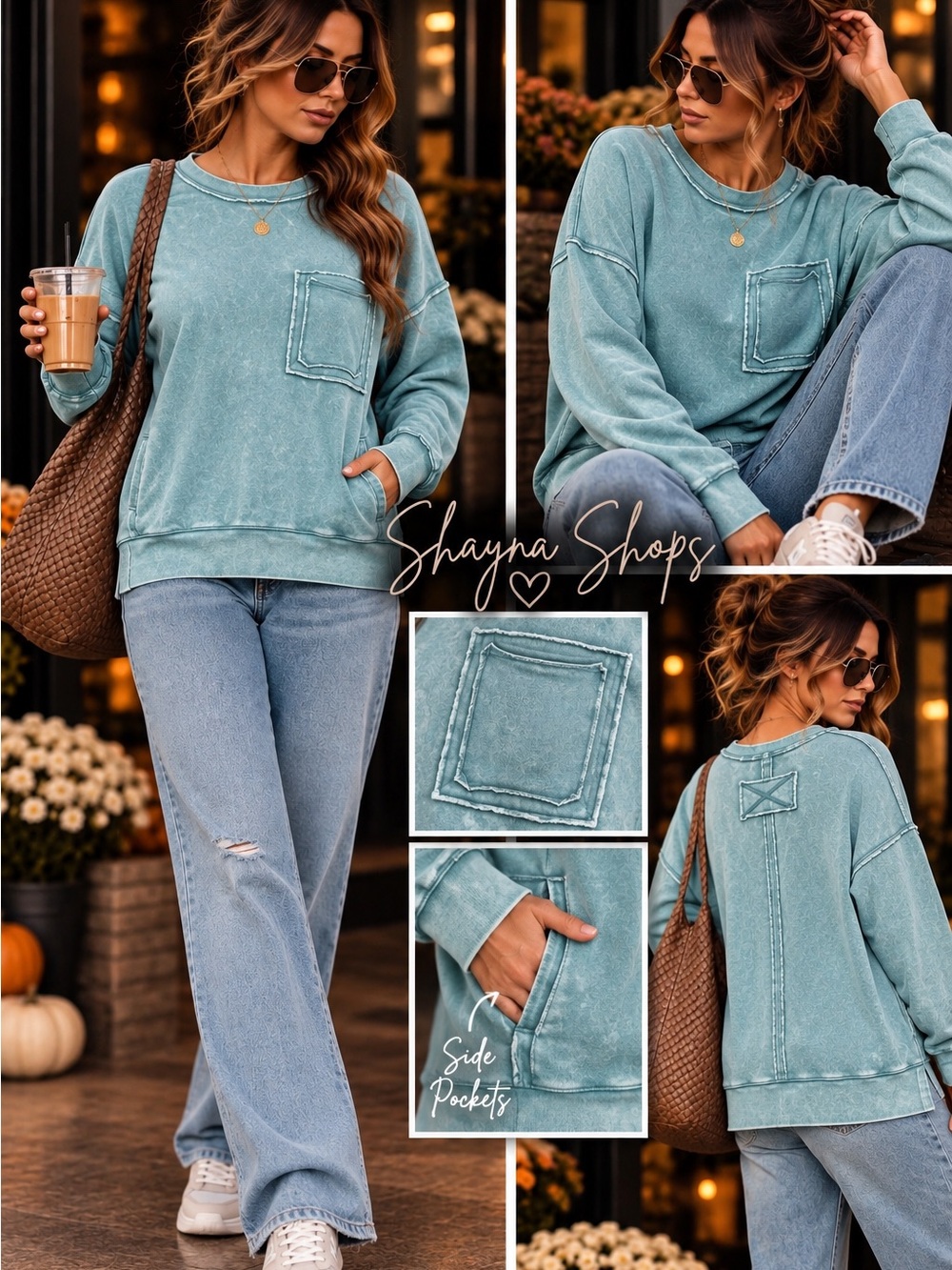 Zenana Blue Gray Pocket-Front French Terry Pullover Sweatshirt